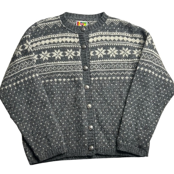 Vintage Levi’s Fair Isle Wool Cardigan Sweater Gray Nordic Knit USA Size Small - Picture 1 of 6